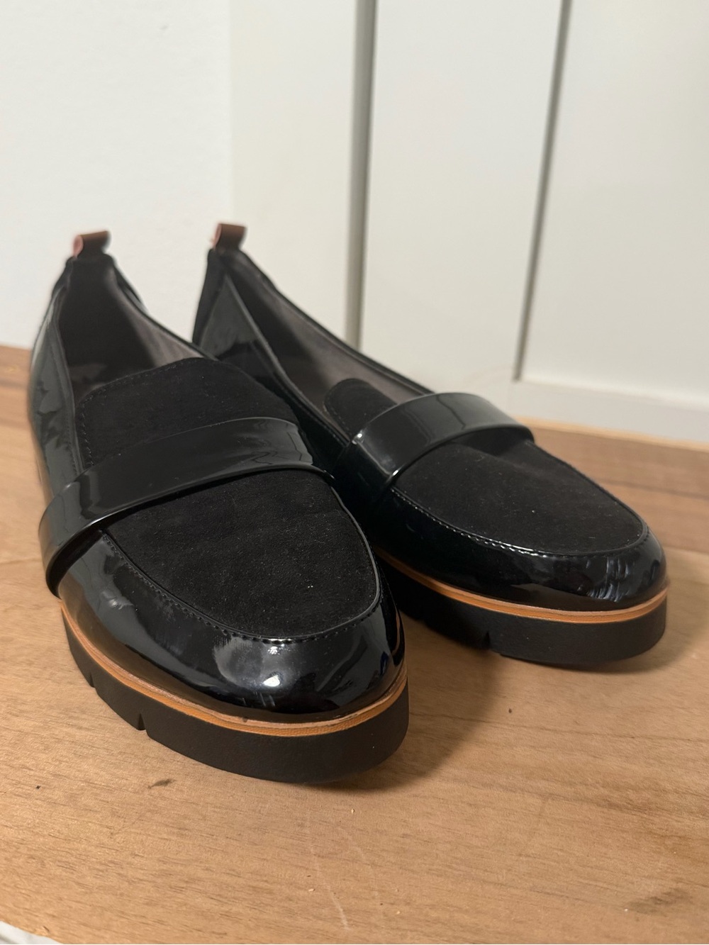 Dr. Scholl's Black Patent and Suede Platform Loafers